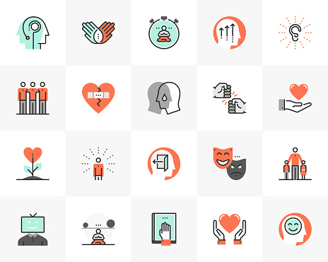 Flat line icons set of mental wellness, best friends society. Unique color flat design pictogram with outline elements. Premium quality vector graphics concept for web, logo, branding, infographics.