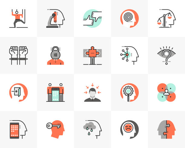 Human Relations Futuro Next Icons Pack Flat line icons set of human relation problem, character feature. Unique color flat design pictogram with outline elements. Premium quality vector graphics concept for web, logo, branding, infographics. curious stock illustrations