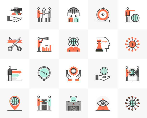 Global Business Futuro Next Icons Pack Flat line icons set of business cooperation, corporate management. Unique color flat design pictogram with outline elements. Premium quality vector graphics concept for web, logo, branding, infographics. global finance stock illustrations