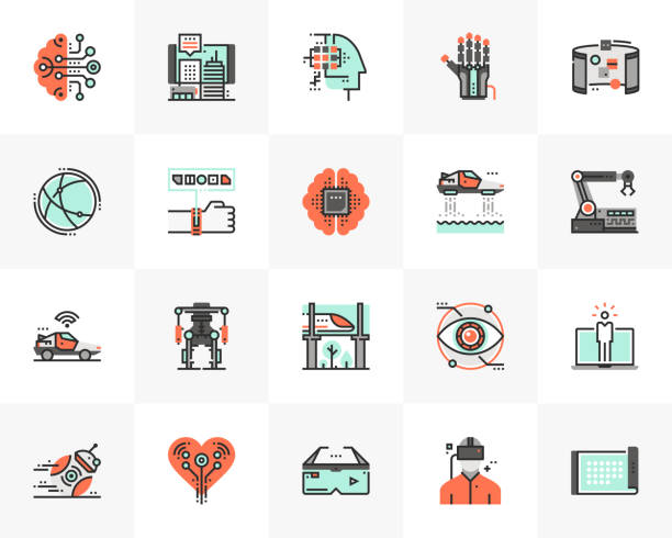 Future Technology Futuro Next Icons Pack Flat line icons set of future technology, artificial intelligence. Unique color flat design pictogram with outline elements. Premium quality vector graphics concept for web, logo, branding, infographics. artificial intelligence icon stock illustrations