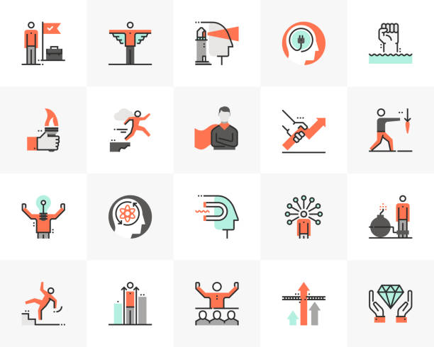 Business Motivation Futuro Next Icons Pack Flat line icons set of leader skill, success business motivation. Unique color flat design pictogram with outline elements. Premium quality vector graphics concept for web, logo, branding, infographics. all vocabulary stock illustrations