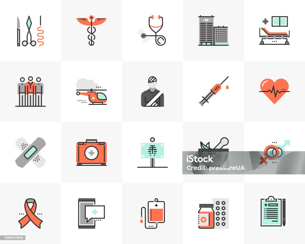 Healthcare Futuro Next Icons Pack Flat line icons set of medical center, healthcare elements. Unique color flat design pictogram with outline elements. Premium quality vector graphics concept for web, logo, branding, infographics. Healthcare And Medicine stock vector