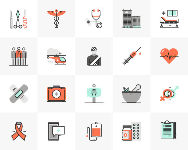 Healthcare Futuro Next Icons Pack Flat line icons set of medical center, healthcare elements. Unique color flat design pictogram with outline elements. Premium quality vector graphics concept for web, logo, branding, infographics. helicopter illustrations stock illustrations