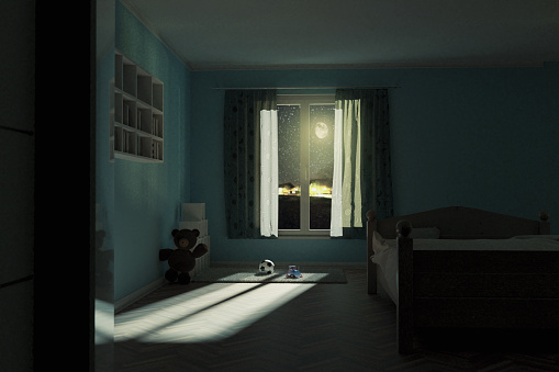 3d rendering of children's room at night with shining bright moon