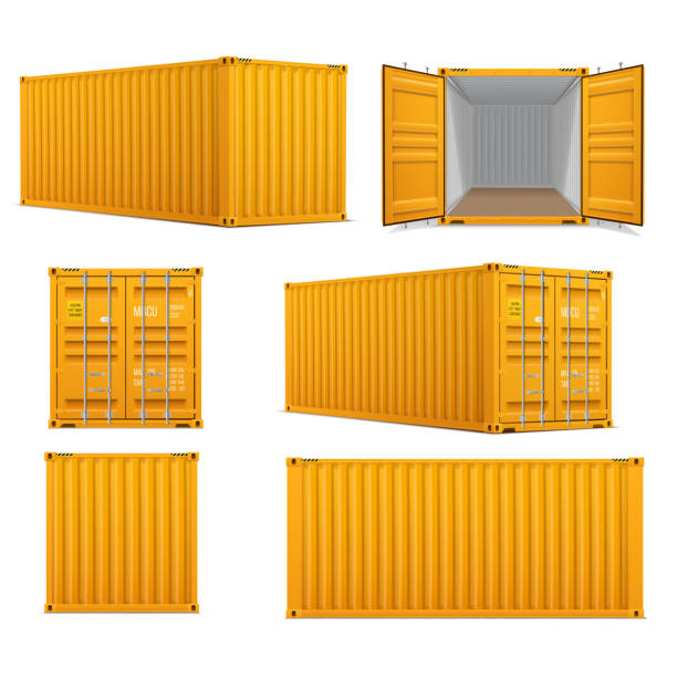 realistischer satz von leuchtend gelben frachtcontainern.   vorderseite, seitlicher rücken und perspektivischer blick. - container stock-grafiken, -clipart, -cartoons und -symbole