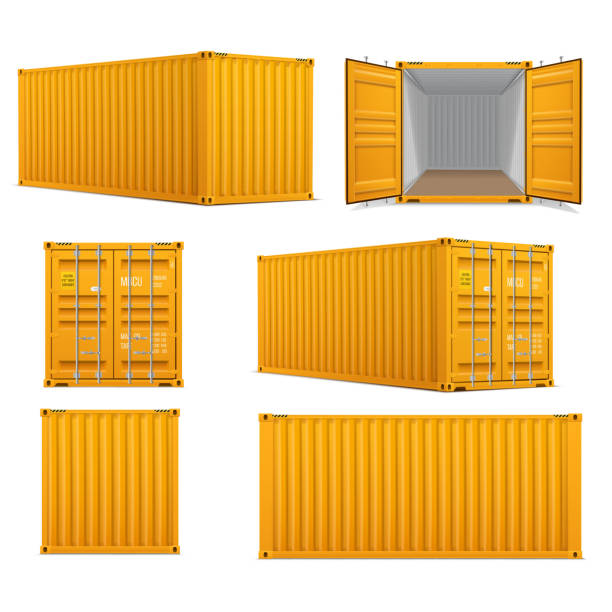 Realistic set of bright yellow cargo containers. Front, side back and perspective view. Realistic set of bright yellow cargo containers. Front, side back and perspective view. Open and closed. Delivery, transportation, shipping freight transportation. container stock illustrations