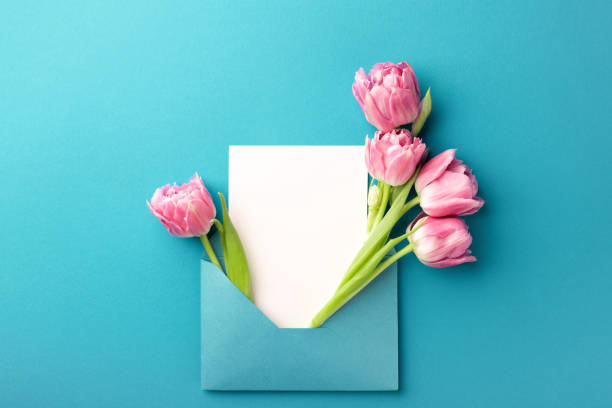 istock Pink tulips and white card in envelope. 1139759940