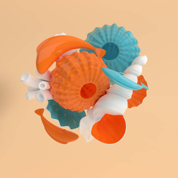 istock Sea urchins, shells, coral, fish and bubbles set. 3d rendering marine life background. Summer vacation, ocean underwater life concept. 1139759962
