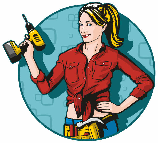 Home Improvement Woman Retro pop art illustration of a pretty woman getting ready to do some DIY with her tool belt and electric drill. woman wearing tool belt stock illustrations