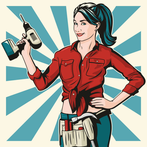 Home Improvement Woman Retro pop art illustration of a pretty woman getting ready to do some DIY with her tool belt and electric drill. woman wearing tool belt stock illustrations
