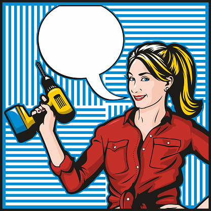 Retro pop art illustration of a pretty woman getting ready to do some DIY with her tool belt and electric drill. Empty speech bubble for your text.