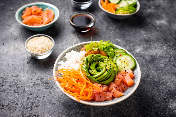 istock Hawaiian poke bowl with salmon, rice and vegetable 1139760424