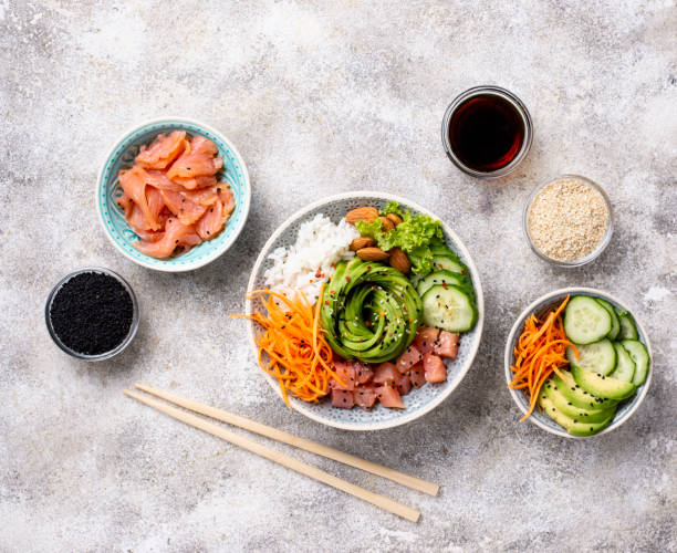 istock Hawaiian poke bowl with salmon, rice and vegetable 1139760430