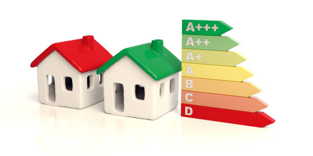 istock House models with green and red color roofs and energy classification chart isolated against white background. 3d illustration 1139761158