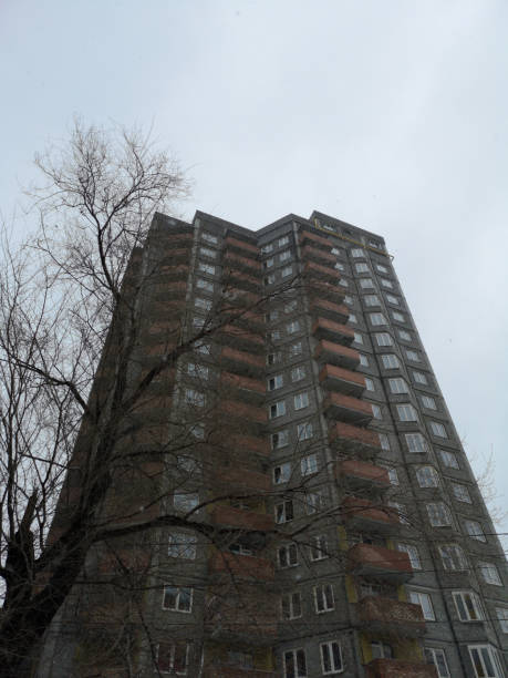 istock Apartment building corner. Cold gray sky and tree twigs shadow. Windows and balconies. Urban living photography. 1139769626