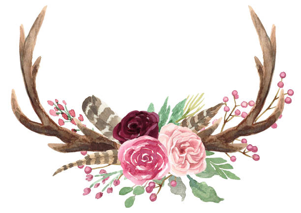 Rustic Watercolor Floral Antler Bouquet Rustic Watercolor Floral Bouquet with Deer Antlers antler stock illustrations