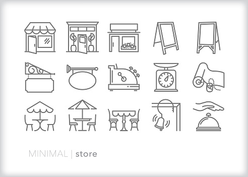 Set of 15 store line icons of main street shops and small businesses, including cash registers, cafe seating, store fronts, advertising signs and service bell