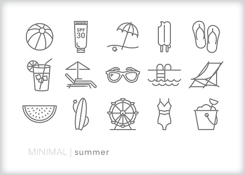 Set of 15 summer line icons of beach vacation, swimsuit, lemonade, ferris wheel, sunglasses, beach ball, sunscreen, beach chair and watermelon