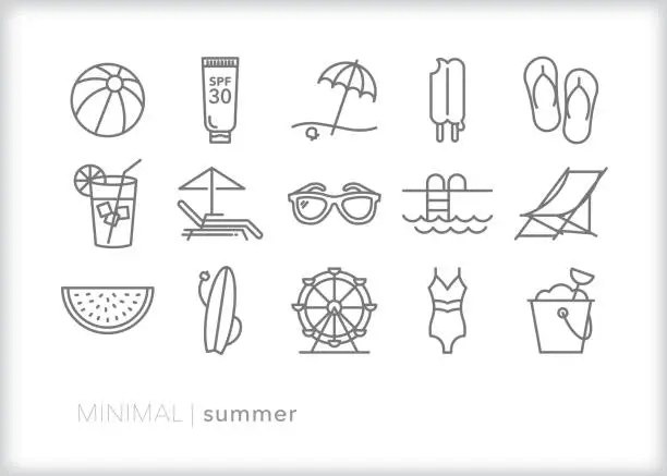 Vector illustration of Summer line icons for vacation at the beach and enjoying warm weather
