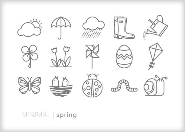 Spring line icons of items found outside in nature when weather warms up Set of 15 spring line icons of weather, rain, sun, rain boots, watering can, garden animals, plants, easter egg, kit and pinwheel egg symbols stock illustrations