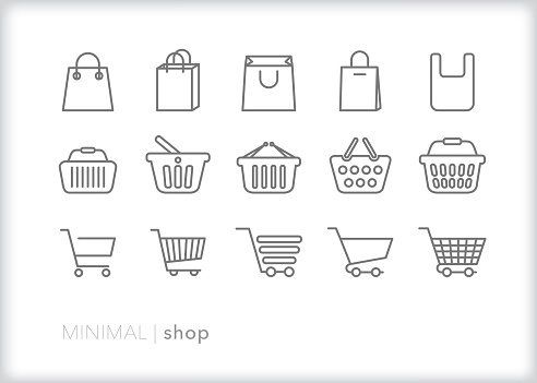 Set of 15 shopping line icons of bags, baskets and carts used at stores and retail shops for purchasing groceries, goods and items