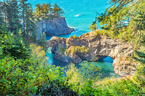 Landscape stock photograph of the Natural Bridges at Samuel H. Boardman State Scenic Corridor, Oregon coast, near Brookings, USA on a sunny day.