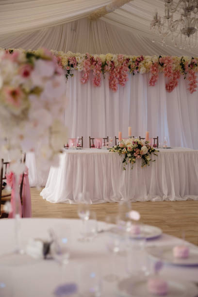 istock Blank ad space frame sign - Wedding Setup decoration during Reception - Tender pink and white color - Zephyr and marshmallow details 1139777086