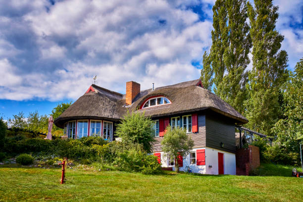 Seefahrerhaus, historic half-timbered fisherman's house with thatched roof in Sellin, Rügen, Germany, now museum showcasing seafaring heritage, Mecklenburg-Vorpommern