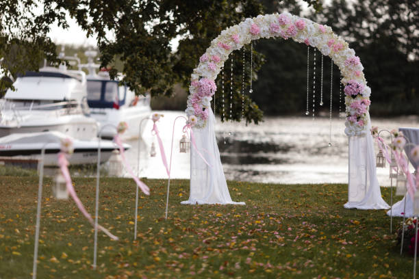 istock Wedding Setup decoration during Reception - Tender pink and white color - Outdoor 1139778407