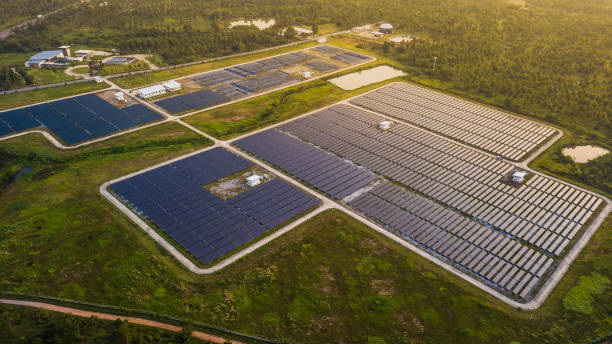 istock Solar panels in aerial view . 1139779316