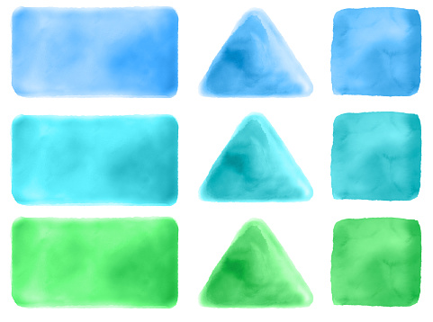 Watercolor Shapes - Triangle, Square and Rectangle in three colors - blue, teal and green.