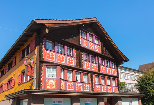 Appenzell, Switzerland - September 20, 2018: buildings in the historic part of the town of Appenzell. The town of Appenzell is the capital of the Swiss canton of Appenzell Innerrhoden, known for its ornamented buildings.