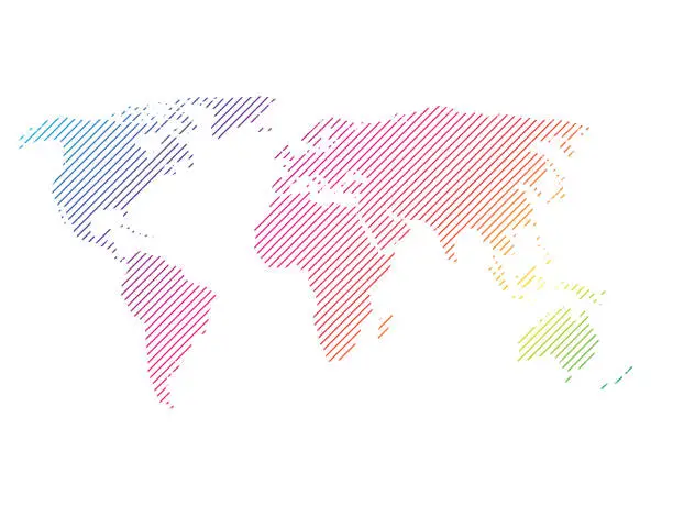 Vector illustration of Hatched map of world in rainbow spectrum colors. Striped design vector illustration on white background