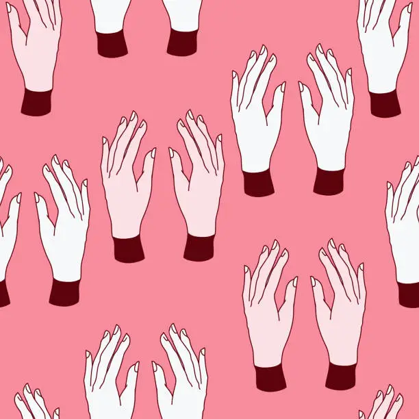 Vector illustration of two hands raised up seamless pattern on a pink
