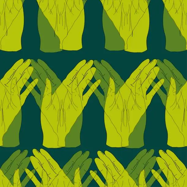 Vector illustration of seamless pattern with green waving palms on blue background