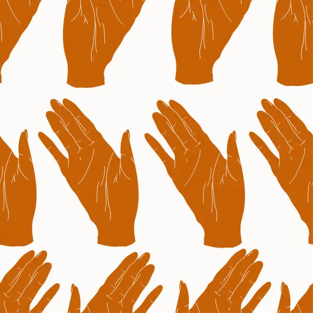 Vector illustration of seamless pattern with painted waving orange hands on a white background