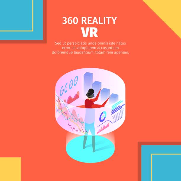 Man Wear Vr Glasses Interacting Virtual Reality Square Banner with Copy Space. Man Wear Vr Glasses Interacting Virtual Augmented Reality in Life. Analysing Data Process for Business Touching 360 Circle Screen. 3d Flat Vector Isometric Illustration action plan three dimensional shape people stock illustrations