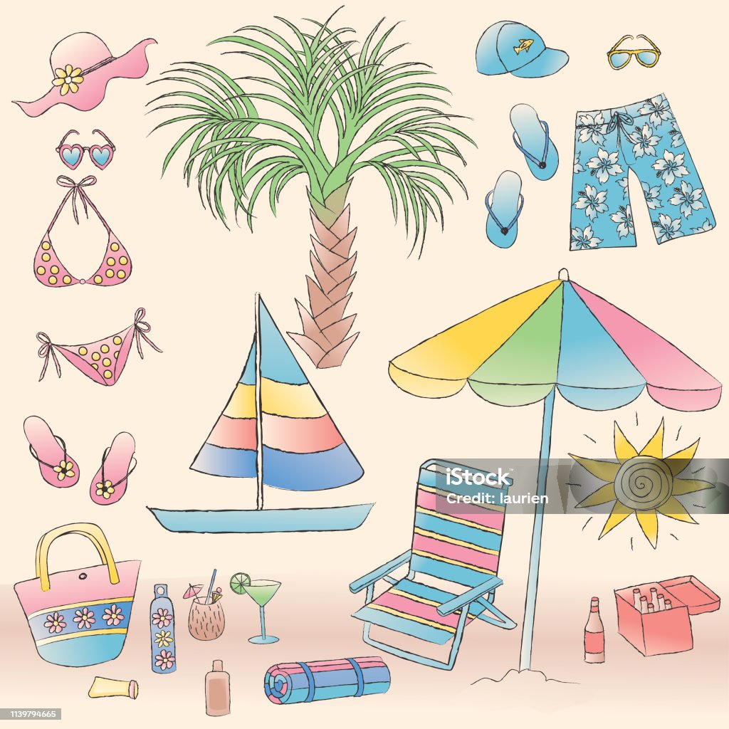 Sketchy Beach Items Hand drawn vector beach items hand drawn in sketchy style. Beach Bag stock vector