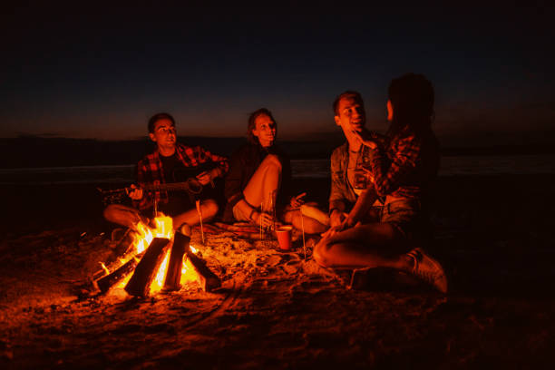 istock young friends have picnic with bonfire on the beach 1139796252
