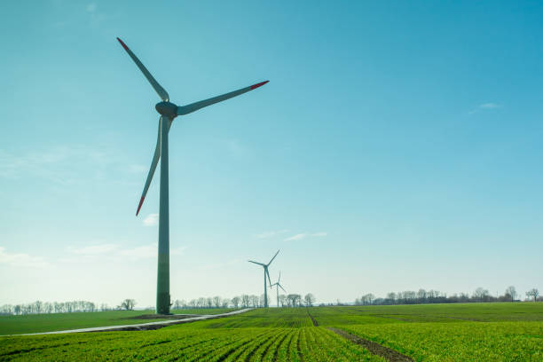 istock wind generators on a green field under a blue sky on a bright sunny day 1139800092