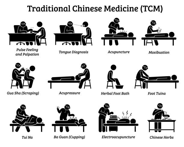 중국 전통 의학 아이콘 및 픽토그램. - acupuncture cupping stock illustrations