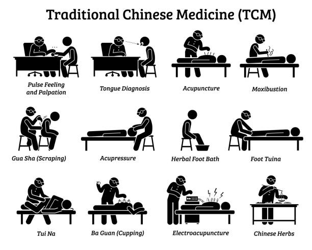 tcm традиционная китайская медицина иконы и пиктограммы. - acupuncture cupping stock illustrations