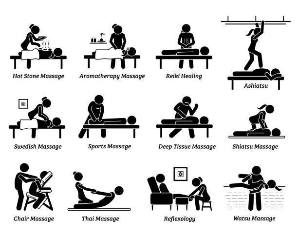 Type of massages and therapies. Artworks depict hot stone massage, aromatherapy, Reiki healing, Swedish, sport massage, deep tissue, Shiatsu, chair, Thai massage,foot reflexology, and Watsu. massaging illustrations stock illustrations