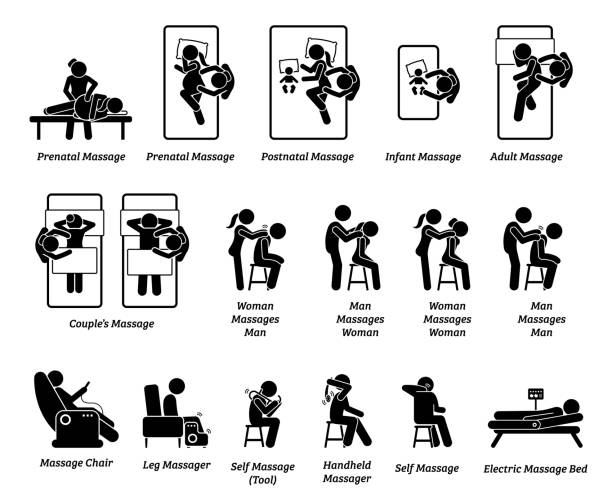 człowieka masażysta i sprzęt do masażu. - spa treatment health spa massaging couple stock illustrations