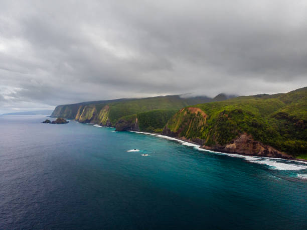 Pololu Valley, Big Island, Hawai’i Aerial shot of Pololu Valley. Pretty rainy day, but you can still see amazing colors and spectacular views. pololu stock pictures, royalty-free photos & images