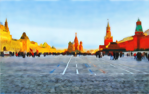 Watercolor cityscape. A wide view of the Red Square, the Kremlin, the Mausoleum, store GUM, St. Basil's Cathedral. Russia. Moscow. Digital painting - illustration. Watercolor drawing.
