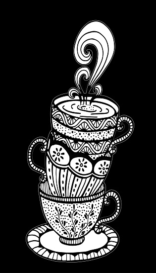 Vector hand drawn stack of cup illustration for adult coloring book. Freehand sketch for adult anti stress coloring book page with doodle