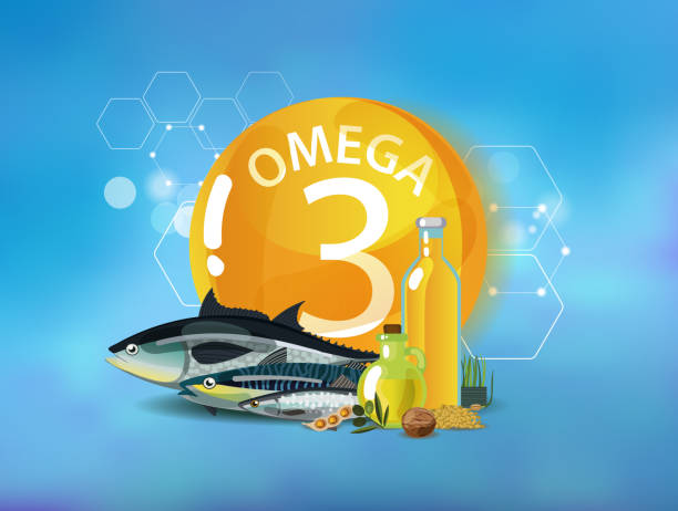illustrazioni stock, clip art, cartoni animati e icone di tendenza di omega 3. alimenti biologici naturali - fish oil illustrations