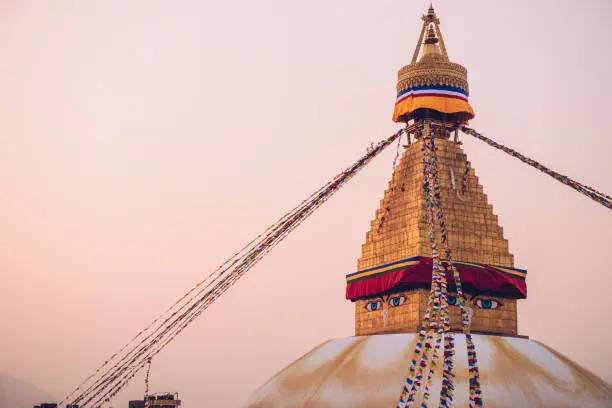 Photo of Beautiful view of Boudhanath Stupa the largest stupas in the world located in Kathmandu the capital city of Nepal at sunset.