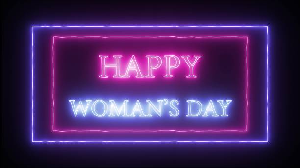 cartello al neon 'happy woman's day' - equal opportunity flash foto e immagini stock